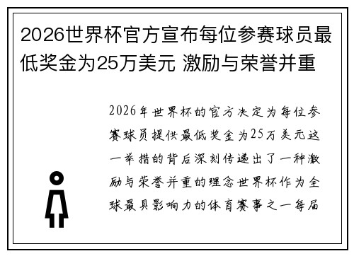 2026世界杯官方宣布每位参赛球员最低奖金为25万美元 激励与荣誉并重 2026世界杯官方宣布每位参赛球员最低奖金为25万美元 激励与荣誉并重